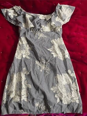 Ralph Lauren Striped Dress with Ruffled Neck/Embroidery.